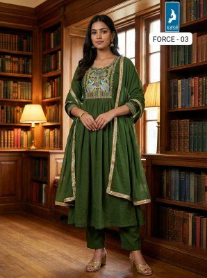 KAYA KURTI FORCE 3-Piece Anarkali Mull Chanderi Kurti Roman Silk Set Size wise Combo Set