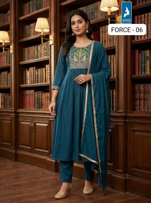 KAYA KURTI FORCE 3-Piece Anarkali Mull Chanderi Kurti Roman Silk Set Size wise Combo Set