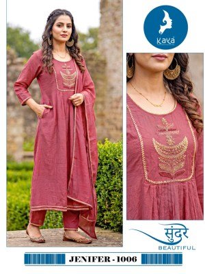 KAYA KURTI JENIFER 3-Piece Anarkali Coral Silk Top Bottom Set Size wise Combo Set