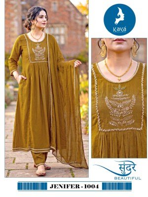KAYA KURTI JENIFER 3-Piece Anarkali Coral Silk Top Bottom Set Size wise Combo Set