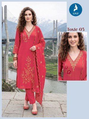 KAYA KURTI TOXIC 3-Piece Straight Cut Mul Chanderi Roman Silk Set Size wise Combo Set