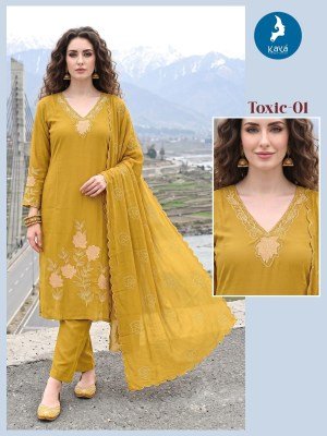 KAYA KURTI TOXIC 3-Piece Straight Cut Mul Chanderi Roman Silk Set Size wise Combo Set
