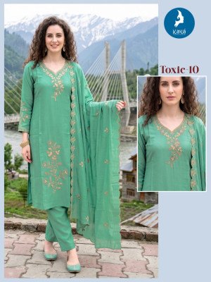 KAYA KURTI TOXIC 3-Piece Straight Cut Mul Chanderi Roman Silk Set Size wise Combo Set