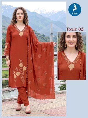 KAYA KURTI TOXIC 3-Piece Straight Cut Mul Chanderi Roman Silk Set Size wise Combo Set