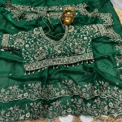 KERI Fendy Satin Saree with Embroidery and Fully Stitched Jhal Work Blouse sarees