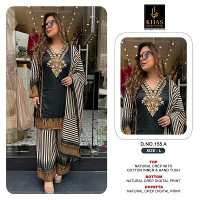 KHAS D.No. 155 Natural Crepe 3-Piece Suit with Embroidery and Gota Patti Work 