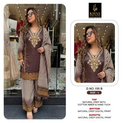 KHAS D.No. 155 Natural Crepe 3-Piece Suit with Embroidery and Gota Patti Work Size wise Combo Set