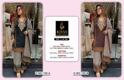 KHAS D.No. 155 Natural Crepe 3-Piece Suit with Embroidery and Gota Patti Work Size wise Combo Set