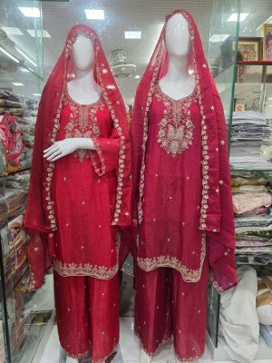 KHAS New Readymade Karwa Chauth Special Fandy Satin 3-Piece Embroidery Suit Set wholesale catalogs