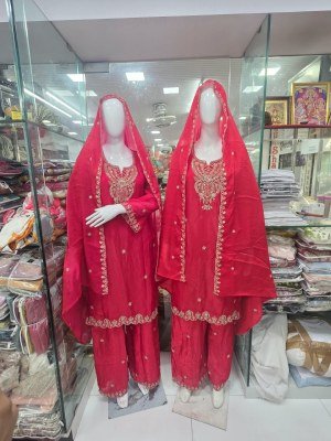 KHAS New Readymade Karwa Chauth Special Fandy Satin 3-Piece Embroidery Suit Set Size wise Combo Set