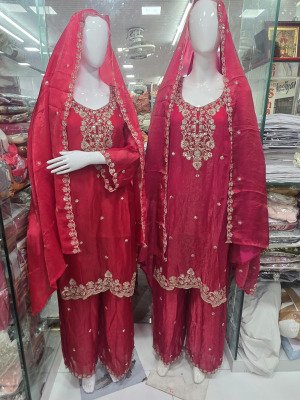 KHAS New Readymade Karwa Chauth Special Fandy Satin 3-Piece Embroidery Suit Set Size wise Combo Set