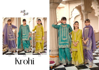 KROHI Nanni-Munni Kids Wear Simer Embroidery 3-Piece Top Palazzo Dupatta Set readymade suit catalogs