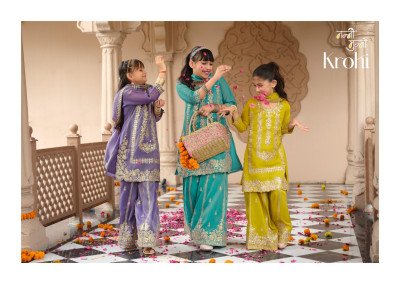 KROHI Nanni-Munni Kids Wear Simer Embroidery 3-Piece Top Palazzo Dupatta Set readymade suit catalogs