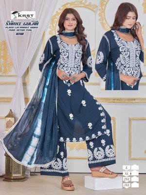 KRST Saahi Gulab Vol 3 Majestic Lucknowi Plazo Set  Pure Reyon Top And Plazo with Embroidered Four Side Lace Dupatta Wholesale kurtis catalogs