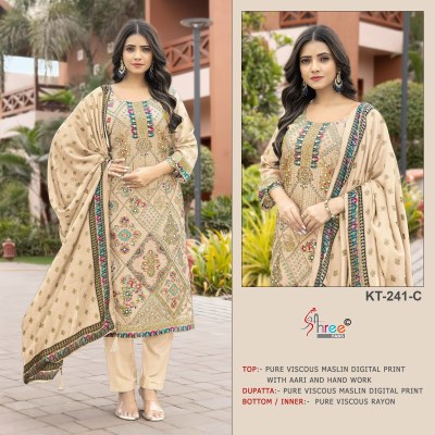 KT 241 by Shree Fab Pure viscous Maslin digital print with aari and hand work unstitched suit catalogue in low rate salwar kameez catalogs