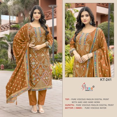 KT 241 by Shree Fab Pure viscous Maslin digital print with aari and hand work unstitched suit catalogue in low rate salwar kameez catalogs
