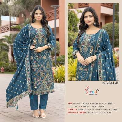 KT 241 by Shree Fab Pure viscous Maslin digital print with aari and hand work unstitched suit catalogue in low rate salwar kameez catalogs