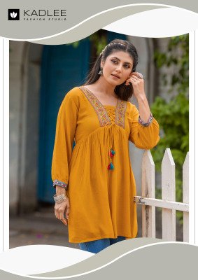   Kadlee Centuri Vol 3  Rayon Wrinkle Kurti with Inner Thread Work And Handwork Wholesale kurtis catalogs