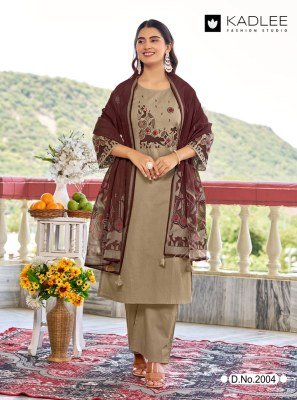 Kadlee Deeva Sali Cotton Thread Work Kurti Pant with Organza Print Dupatta Set kurti pant with dupatta Catalogs