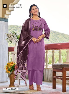 Kadlee Deeva Sali Cotton Thread Work Kurti Pant with Organza Print Dupatta Set kurti pant with dupatta Catalogs