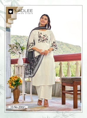 Kadlee Deeva Sali Cotton Thread Work Kurti Pant with Organza Print Dupatta Set kurti pant with dupatta Catalogs