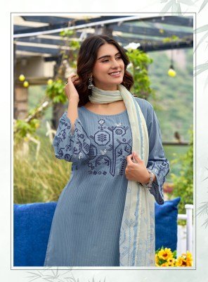 Kadlee Deeva Sali Cotton Thread Work Kurti Pant with Organza Print Dupatta Set kurti pant with dupatta Catalogs