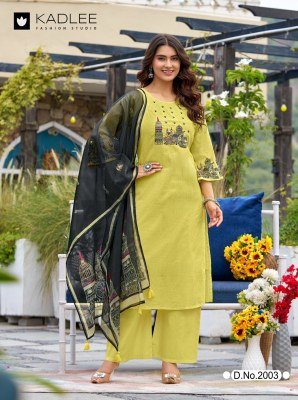 Kadlee Deeva Sali Cotton Thread Work Kurti Pant with Organza Print Dupatta Set kurti pant with dupatta Catalogs