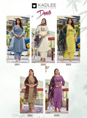 Kadlee Deeva Sali Cotton Thread Work Kurti Pant with Organza Print Dupatta Set kurti pant with dupatta Catalogs