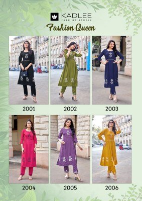 Kadlee Fashion Queen Heavy Rayon Thread & Handwork Kurti Pant Set kurtis catalogs