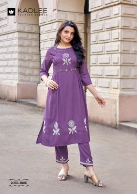 Kadlee Fashion Queen Heavy Rayon Thread & Handwork Kurti Pant Set kurtis catalogs