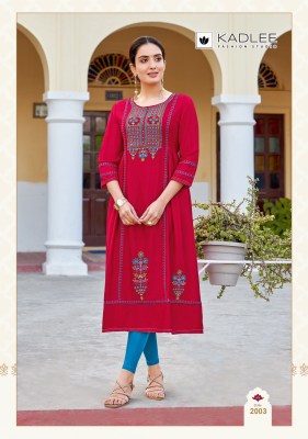 Kadlee by Anshika fancy reyon embroidered kurti catalogue at affordable rate kurtis catalogs
