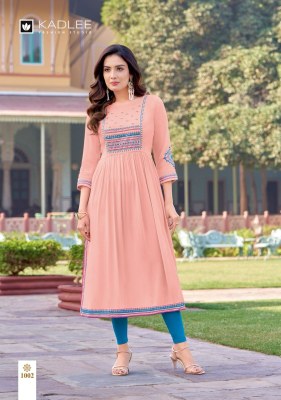 Kadlee by Raaga wrinkle reyon flared kurti with work catalogue at low rate kurtis catalogs