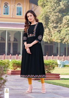 Kadlee by Raaga wrinkle reyon flared kurti with work catalogue at low rate kurtis catalogs
