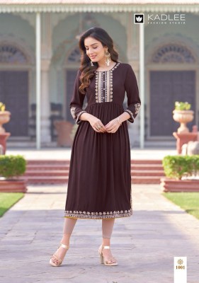 Kadlee by Raaga wrinkle reyon flared kurti with work catalogue at low rate kurtis catalogs