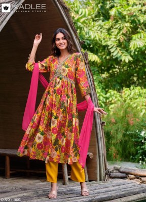 Kadlee mittoo by mahiya modal print embroidered printed alia cut kurti pant and dupatta catlog at wholesale price kurtis catalogs