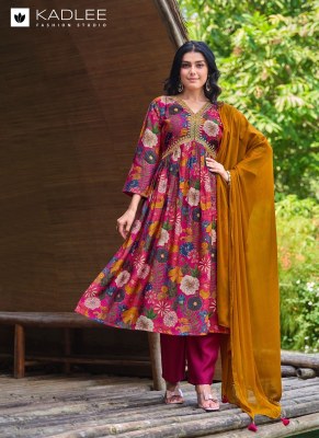 Kadlee mittoo by mahiya modal print embroidered printed alia cut kurti pant and dupatta catlog at wholesale price kurtis catalogs