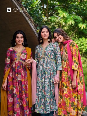 Kadlee mittoo by mahiya modal print embroidered printed alia cut kurti pant and dupatta catlog at wholesale price kurtis catalogs
