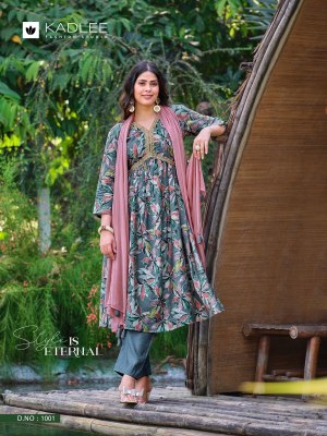 Kadlee mittoo by mahiya modal print embroidered printed alia cut kurti pant and dupatta catlog at wholesale price kurtis catalogs