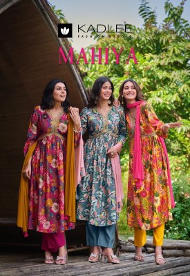 Kadlee mittoo by mahiya modal print embroidered printed alia cut kurti pant and dupatta catlog at wholesale price kurtis catalogs