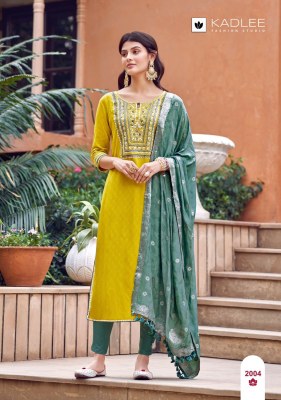 Kadlee mittoo present Kavya Reyon embroidered kurti pant and dupatta catalogue at amaviexpo readymade suit catalogs