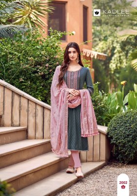 Kadlee mittoo present Kavya Reyon embroidered kurti pant and dupatta catalogue at amaviexpo readymade suit catalogs