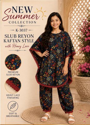 Kaftan Style Slub Rayon Dress with Heavy Lace 