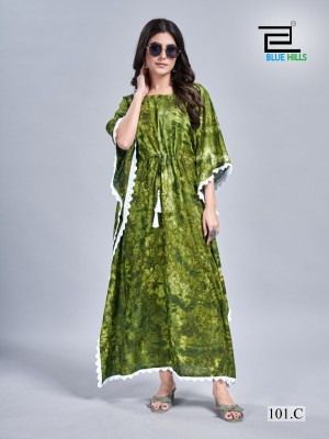 Kaftan vol 1 Heavy Reyon Long Tye dye Print Kaftan dress with lace border collection with low budget  kurtis catalogs