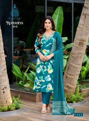Kajal Style Romaniya Vol 1 Straight Kurti Catalogs Pant Set with Organza Jacquard Dupatta Wholesael Product kurtis catalogs