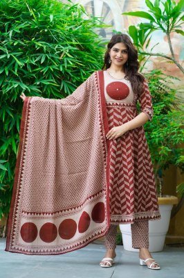 Kalamkari Cotton Collection 3-Piece Ghera Suit Set  readymade suit catalogs