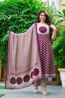 Kalamkari Cotton Collection 3-Piece Ghera Suit Set  readymade suit catalogs