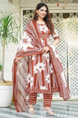 Kalamkari Cotton Collection 3-Piece Ghera Suit Set  readymade suit catalogs