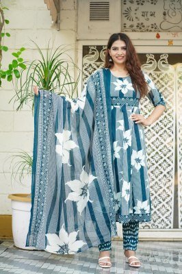 Kalamkari Cotton Collection 3-Piece Ghera Suit Set  readymade suit catalogs