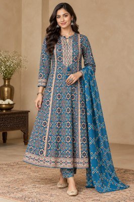 Kalamkari Print 3-Piece Cotton 60×60 A-Line Flair Suit Set wholesale catalogs