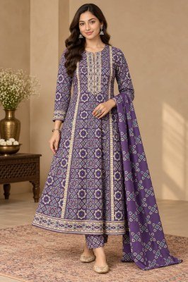 Kalamkari Print 3-Piece Cotton 60×60 A-Line Flair Suit Set Size wise Combo Set